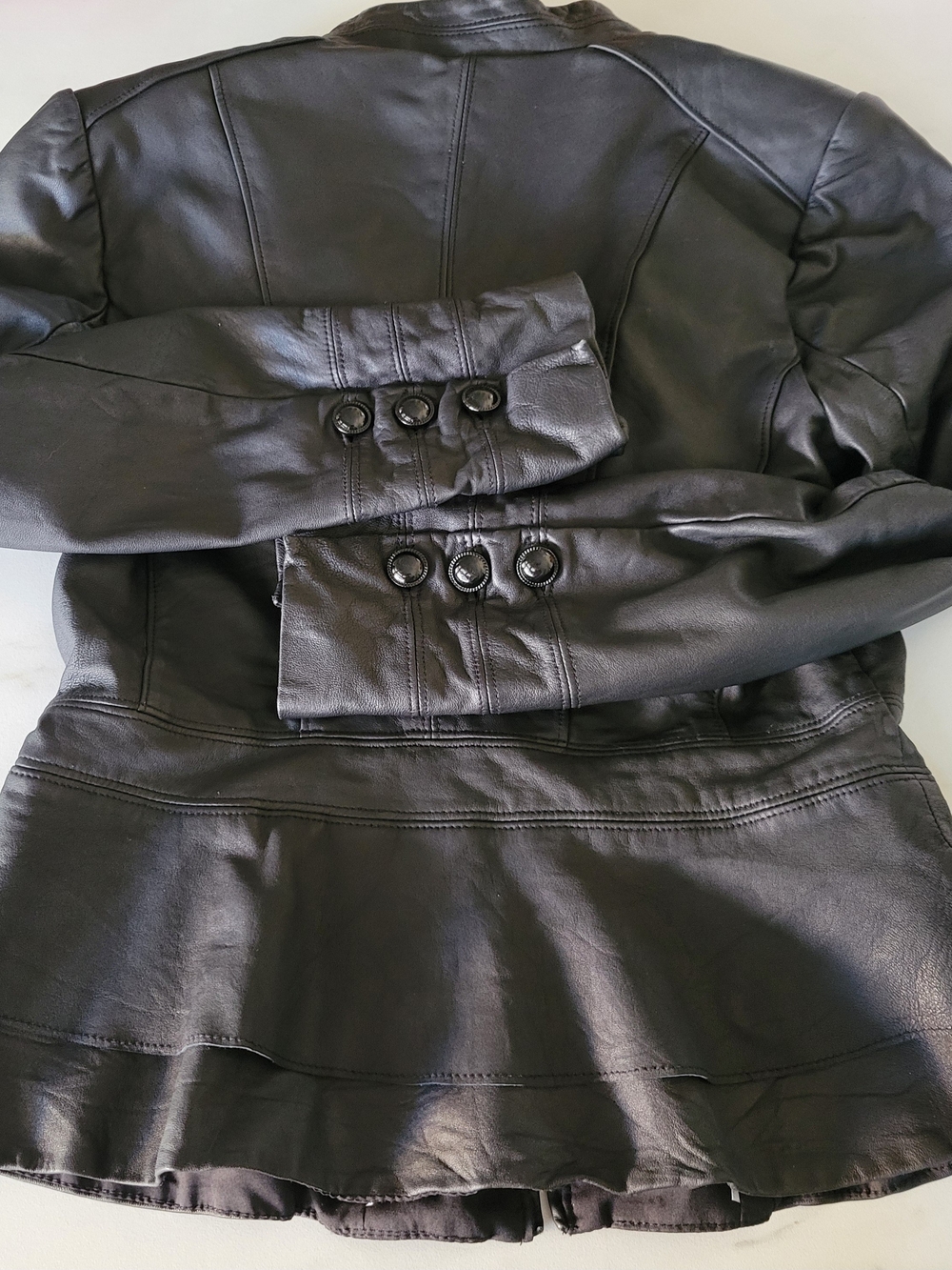 White House Black Market Black Ruffled Peplum Genuine Leather Jacket Sz S - Picture 5 of 11